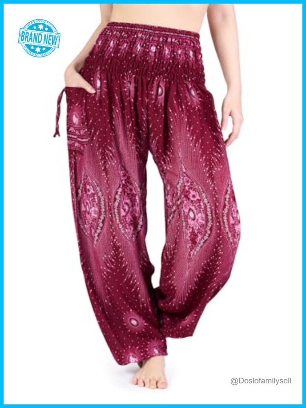 Boho Harem Pants Smocked Waist Yoga Lounge Jogger with Pockets